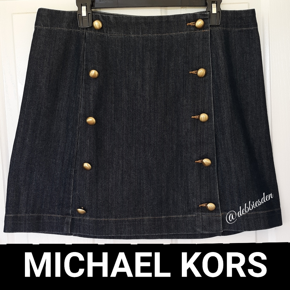 MICHAEL Michael Kors Dark Denim Mini Skirt with Gold Buttons